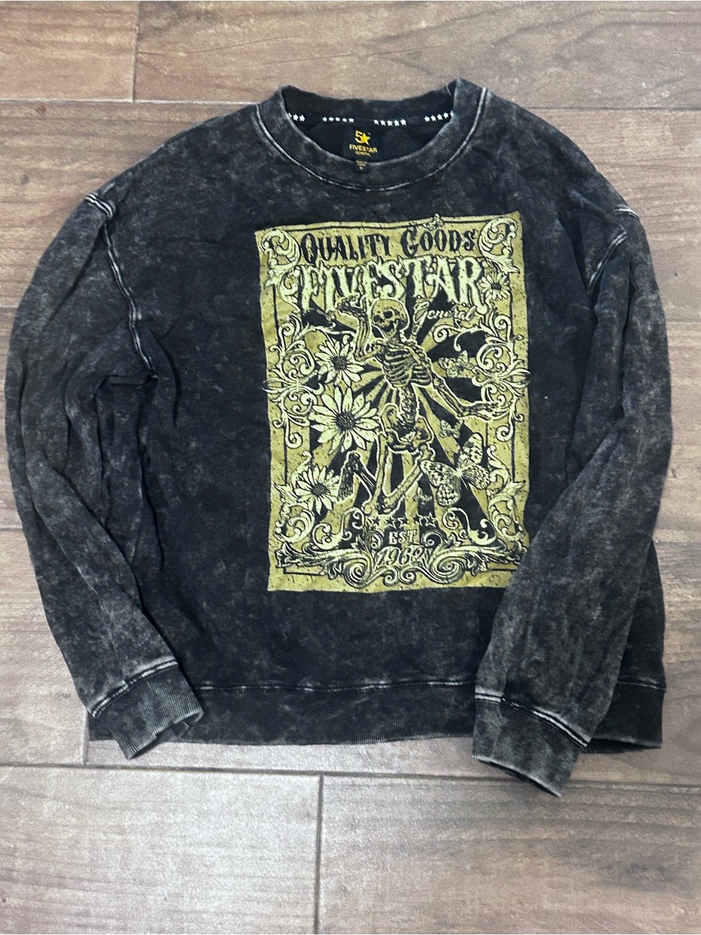 Five Star Black Mineral-Wash Crewneck with Yellow Graphic